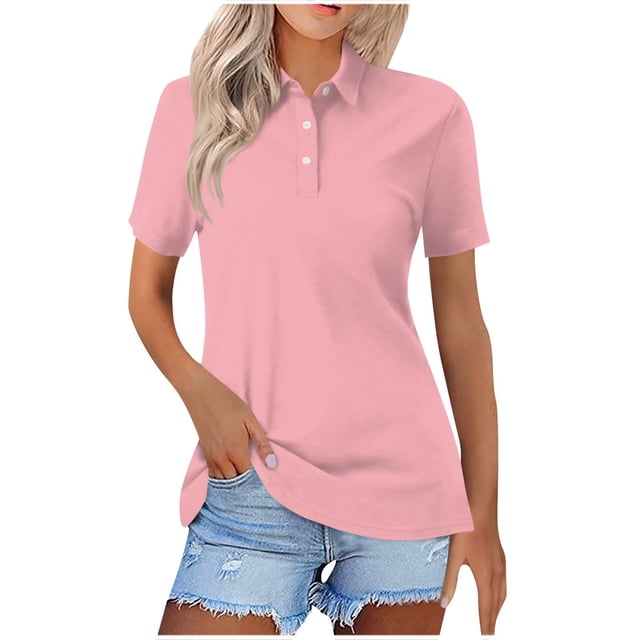 Women's Collared Shirts Short Sleeve Work Casual Golf Tops 3-Button Lapel Neck Polo Tees Guick Dry (L, Pink)
