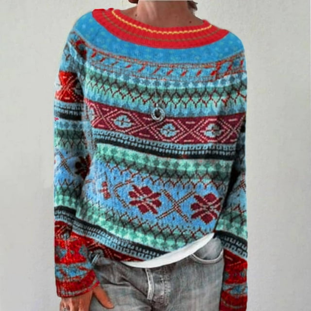 Women's Knitted Isle Print Retro Sweater Casual Loose Crewneck Long Sleeve Lightweight Cropped Pullover Tops