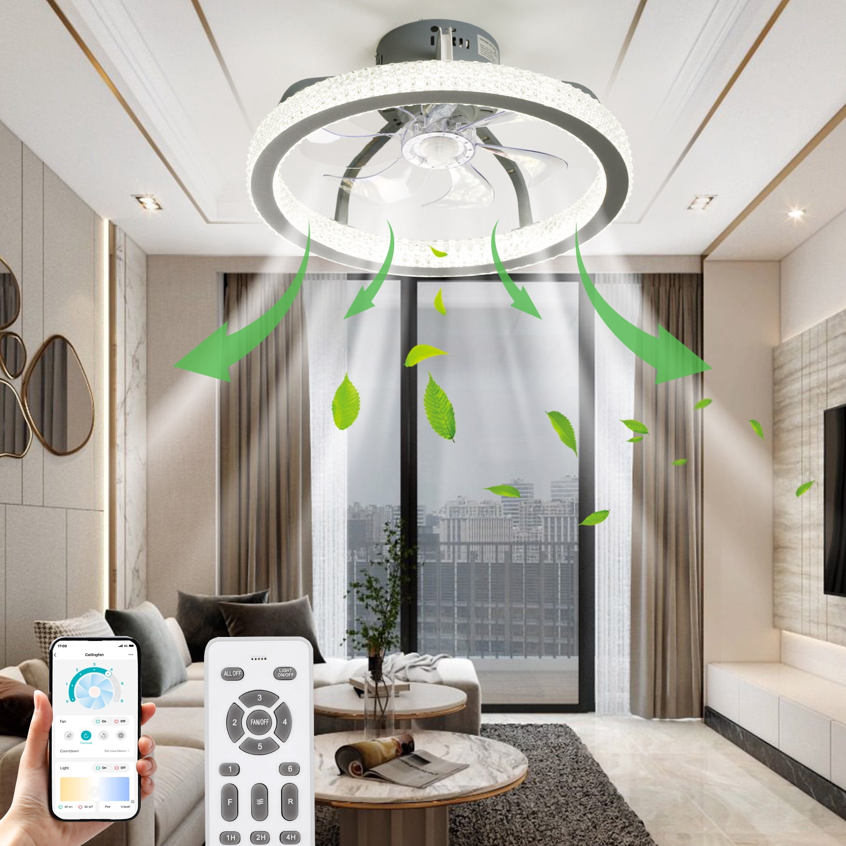 TCFUNDY 18" RGB LED Ceiling Fan Light Kit w/ Bluetooth Speaker, Low Profile Ceiling Fan Light, Semi Flush Mount Fandelier, APP & Remote Control, Black