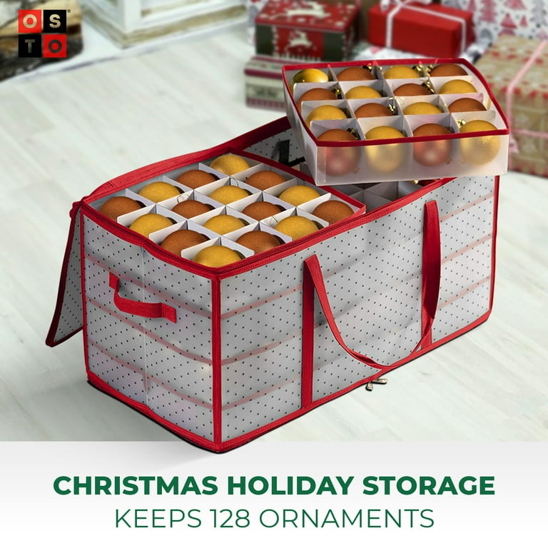 Hearth & Harbor Large Christmas Ornament Storage Box with Adjustable Dividers - Plastic Ornament Storage Container for 128 Holiday Ornaments or