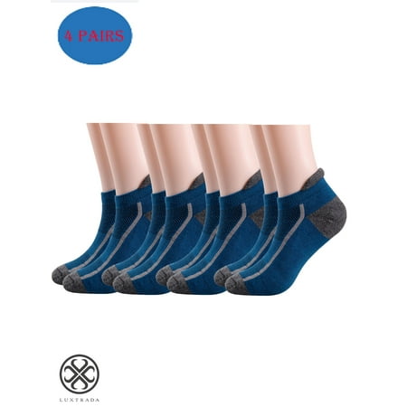 

Luxtrada 4 Pairs Mens Low Cut Ankle Athletic Socks Polyester Mesh Cushioned Running Ventilation Sports Tab Socks (Blue)
