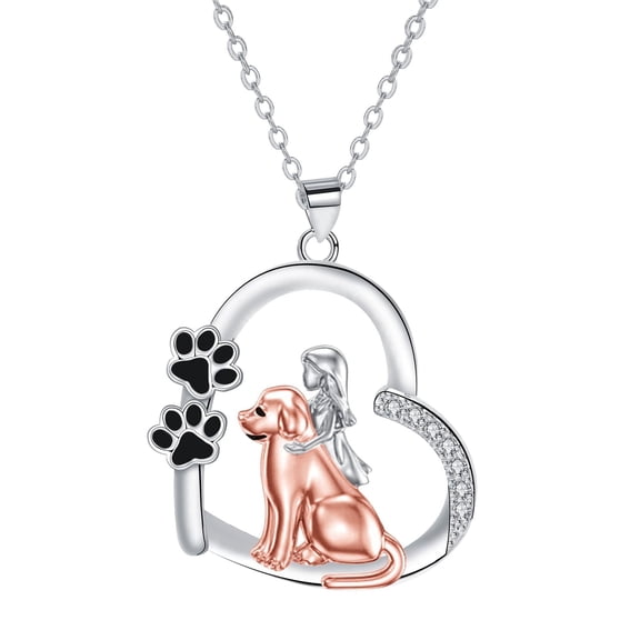 Dog Necklace for Women, white gold plated Heart Pendant with Paw Print & Cubic Zirconia, Rose Gold Dog Jewelry, Perfect Pet Lover Gift for Pet Lover Daughter