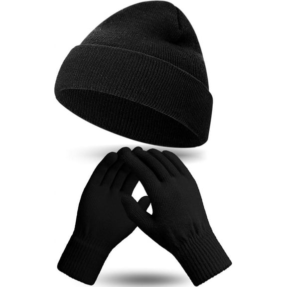 Winter Beanie Hat Gloves Set, Soft Knitted Hat Stretchy Gloves Warm Skull Cap Set for Women Men Gifts