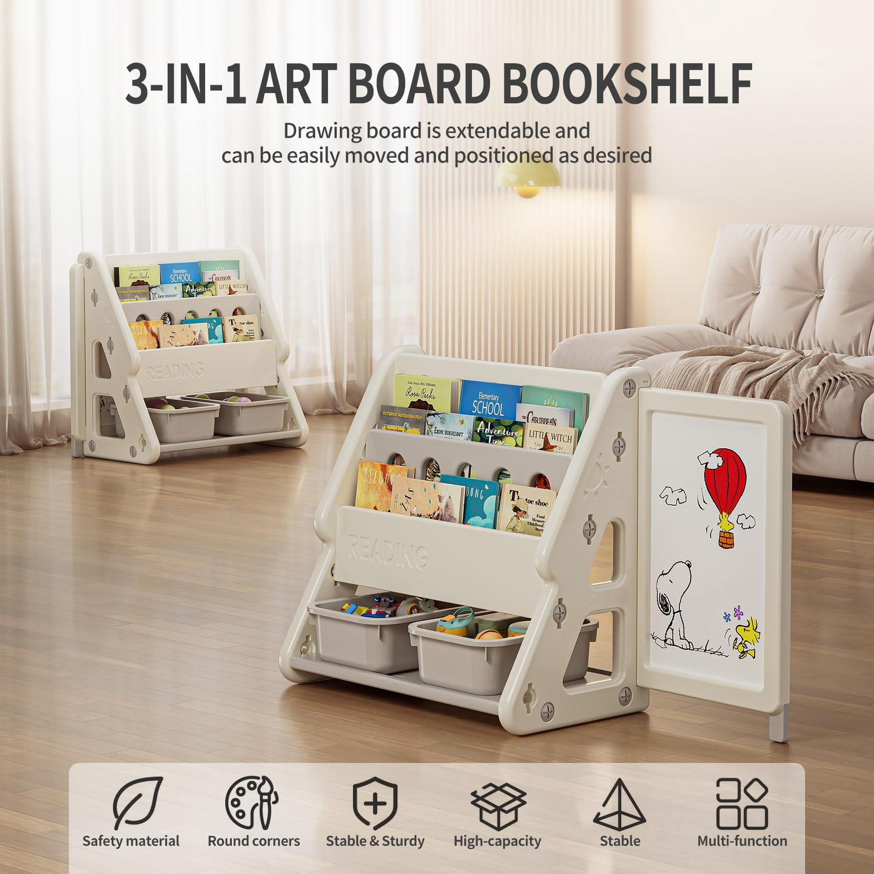 UNICOO® Toddler 3 in 1 Art Board Bookshelf and Organizer, 2-Tier Bookshelves with Storage Rack & Bins, Retractable Drawing Board, Lightweight & Compact for Nursery, Playroom(Grey & White)