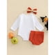 thumbnail image 3 of Conjunto de ropa de Halloween para bebés recién nacidos, niñas y niños, con calabaza, mono de manga larga con estampado de letras, pantalones cortos con volantes y diadema., 3 of 6