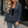 thumbnail image 6 of GaThRRgYP Womens Jean Jacket Cropped Women's Stand Collar Open Front Waist Fitted Peplum Hem Solid Color Pearl Embellished Stylish Long Sleeve Jacket Navy XXXL, 6 of 9