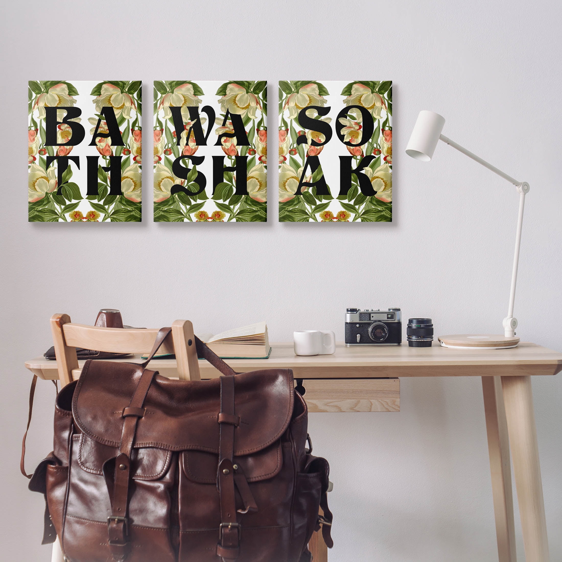 Bath Wash Soak Floral Bathroom Botanical & Floral Graphic Art Gallery Wrapped Canvas Print Wall Art, Set of 3