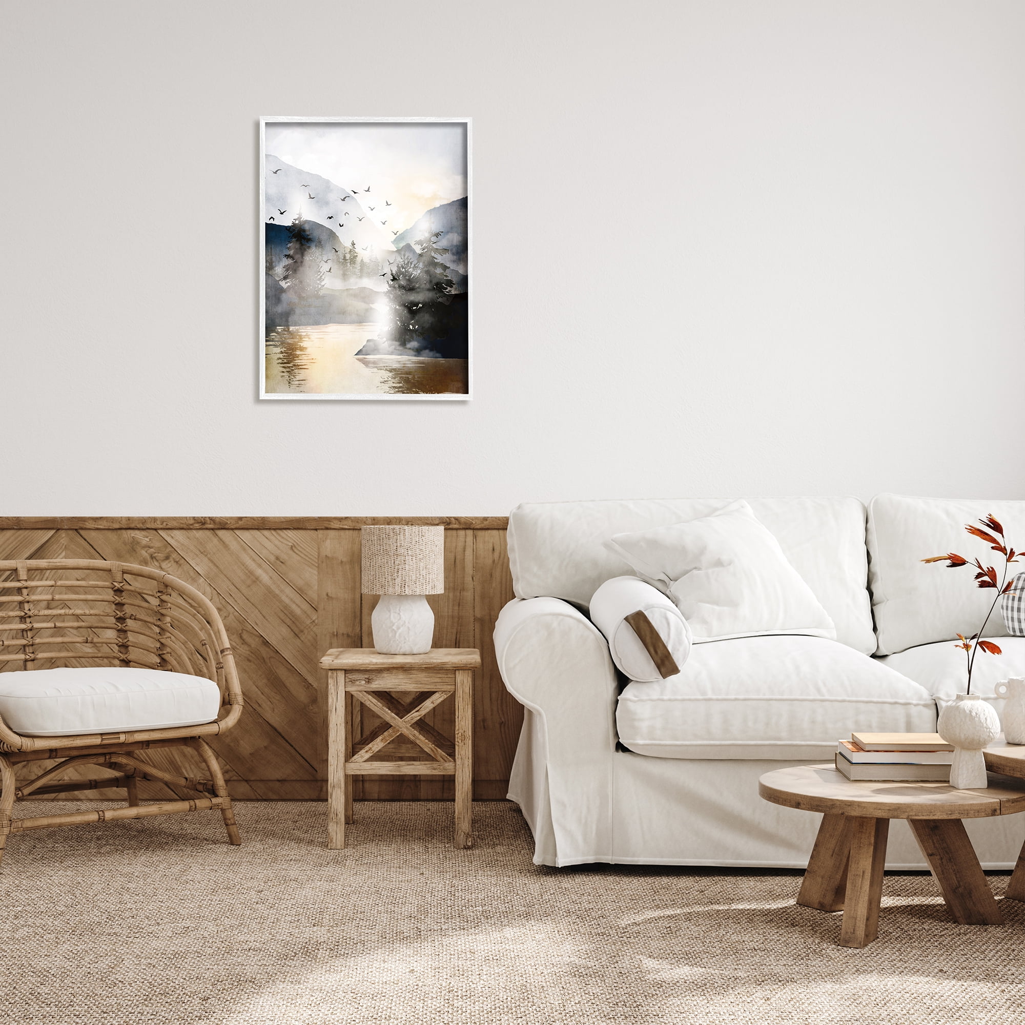 Stupell Flying Birds Mountain Lake View Landscape Painting White Framed Art Print Wall Art