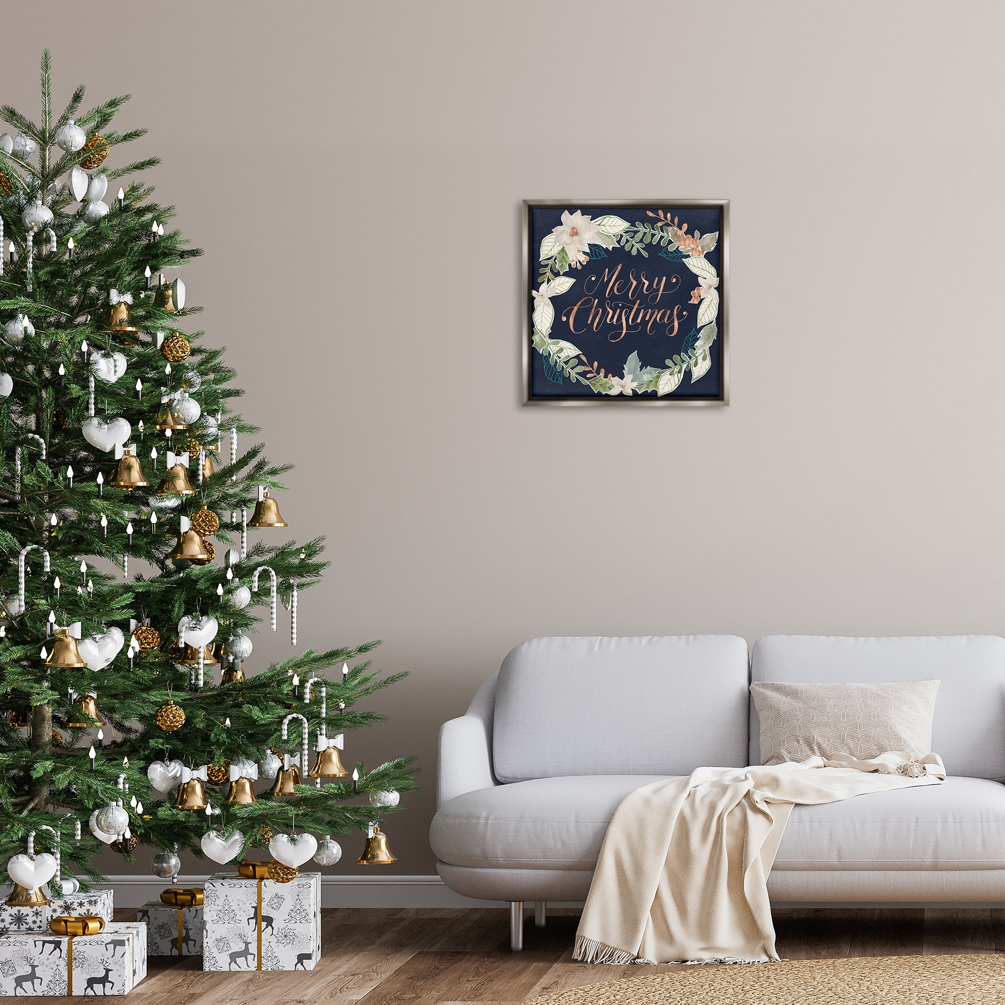 Stupell Industries Traditional Christmas Wreath Holiday Painting Gray Floater Framed Art Print Wall Art, 25 x 25
