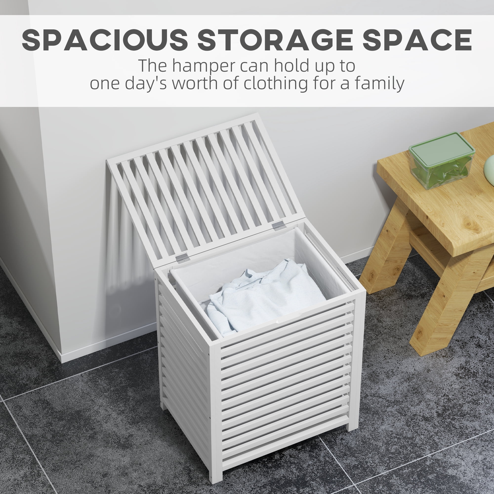 HOMCOM Bamboo Hamper Laundry Basket with Lid & Portable Removable Bag, Dirty Clothes Hamper Laundry Storage, White