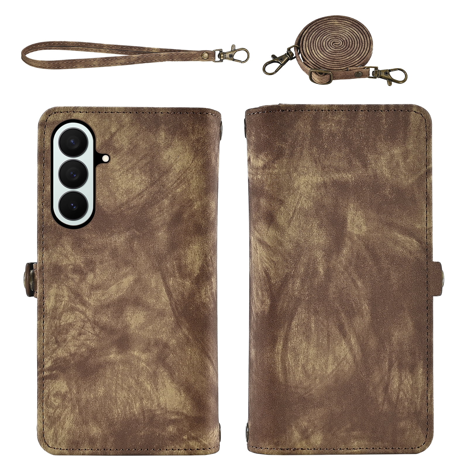 Asuwish Phone Case for Samsung Galaxy Z Fold 7 Zipper Wallet Detachable Cell Cover Crossbody Lanyard Strap Flip Card Holder ZFold Z7 G Fold7 7Z Women Girls Brown