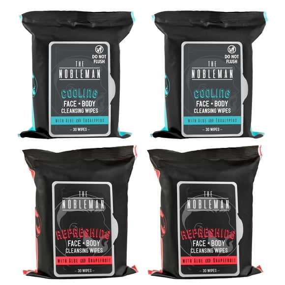 The Nobleman Paquete de 4 toallitas limpiadoras con infusión de aloe para rostro y cuerpo: 2 paquetes de carbón con manzanilla y 2 paquetes refrescantes con eucalipto (120 unidades)