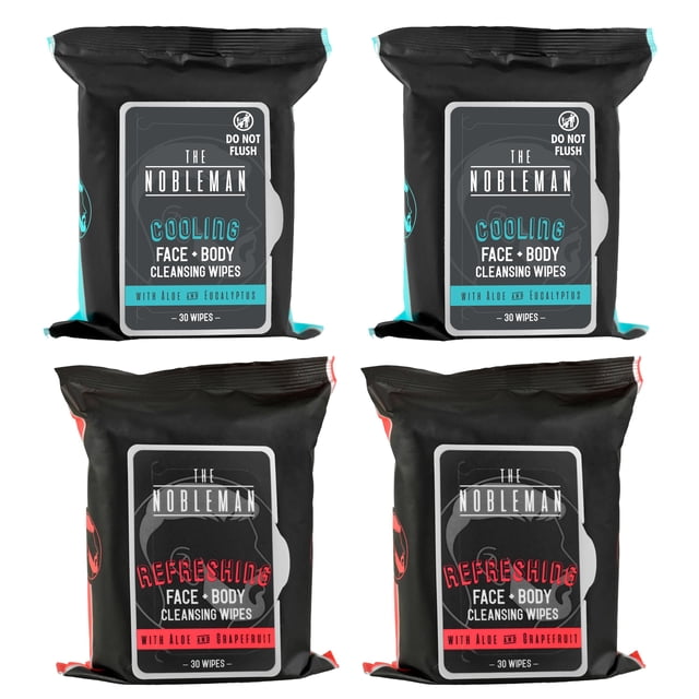 The Nobleman Paquete de 4 toallitas limpiadoras con infusión de aloe para rostro y cuerpo: 2 paquetes de carbón con manzanilla y 2 paquetes refrescantes con eucalipto (120 unidades)