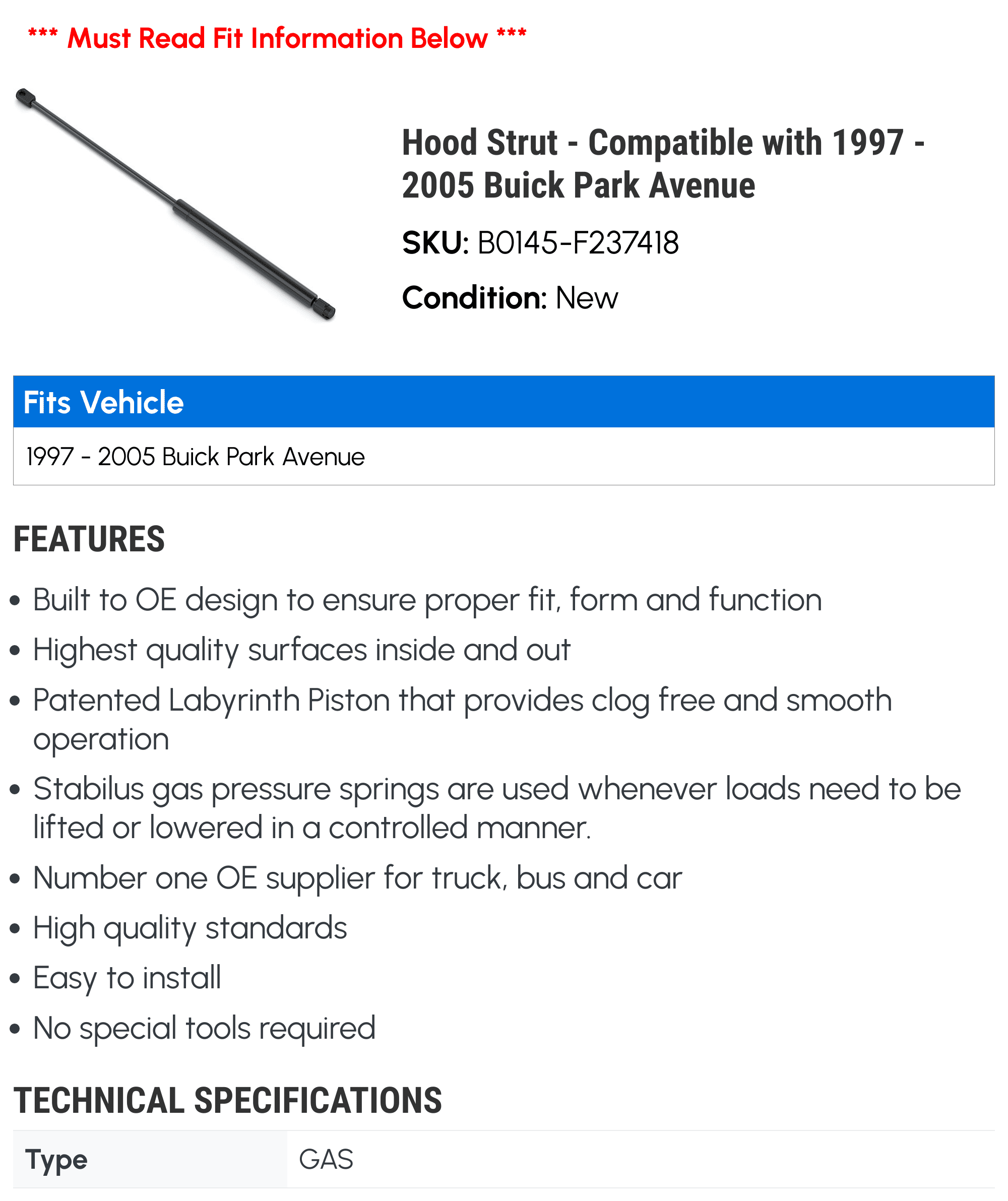 Hood Strut - Compatible with 1997 - 2005 Buick Park Avenue 1998 1999 2000 2001 2002 2003 2004