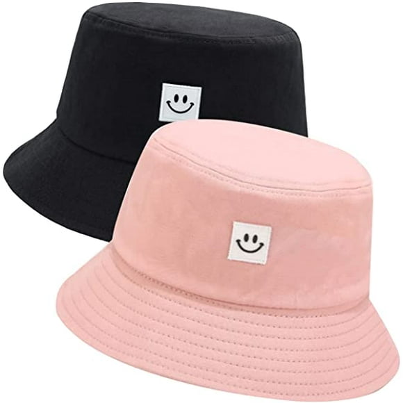 2 Pack Smile Bucket Hats for Women & Men, UV-Proof Sun Hat Summer Travel Beach Cap(Black+Pink)