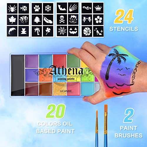 Athena Face Body Painting Kit - 20 Color Large Deep Pan Paint, 24 Stencils, 2pcs Brushes, Professional Oil Based SFX Makeup Palette for Art, Theater, Halloween, Parties and Cosplay