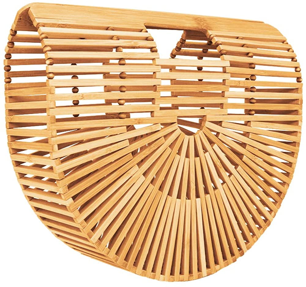 Bamboo Handbag for Women Basket Bag with Purse Insert Handmade Summer Tote Bag 