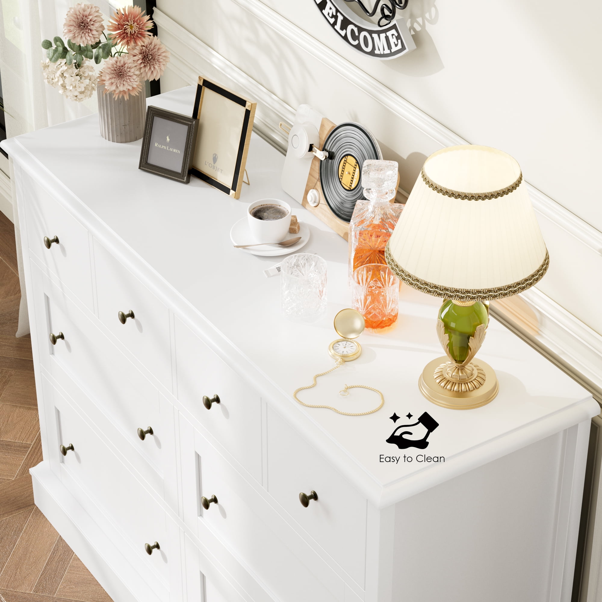 Homfa 8 Drawer Horizontal Combo Dresser for Bedroom, Modern White Chest of Drawers Wood Storage Cabinet for Living Room