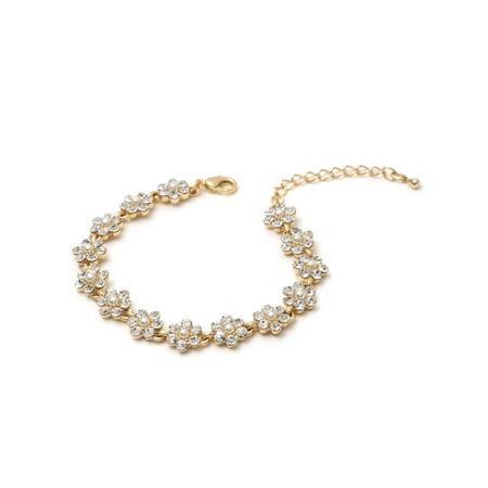 June Birthstone Flower - Gold Crystal Rhinestone Flower Shape with Cream Pearl Link Bracelet