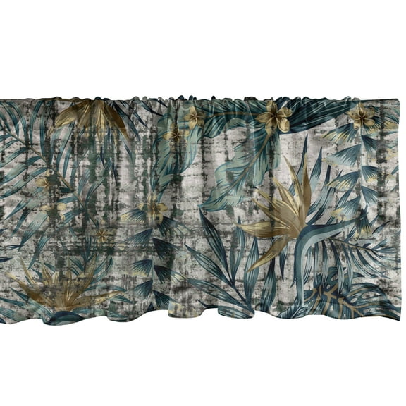 Tropical Window Valance, Grunge Style Garden Inspired Exotic Leaf Sketch on Weathered Backdrop, Curtain Valance for Kitchen Bedroom with Rod Pocket, 54" X 18", Teal Fawn and Pale Grey, by Ambesonne