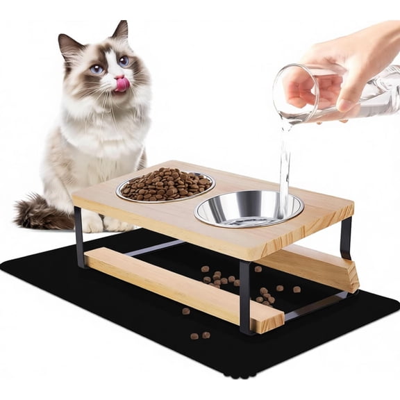Elevated Cat Bowls with Food Mat, 15° Tilted Anti Vomiting Pet Bowls with Stand for Indoor Cats and Puppy, 2 Stainless Steel Bowls for Food and Water