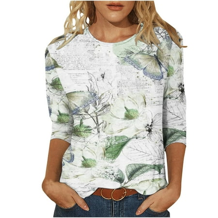 

Womens Tops Casual 3/4 Sleeves Cute Butterfly Print Tee Shirts Fall Crewneck Loose Lightweight Tunic Blouse Shirt