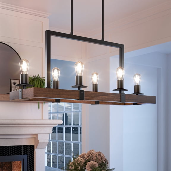 Luxury Modern Farmhouse Chandelier, 15''H x 33''W, Matte Black & Rich Walnut Finish, Broadway Collection, by Urban Ambiance
