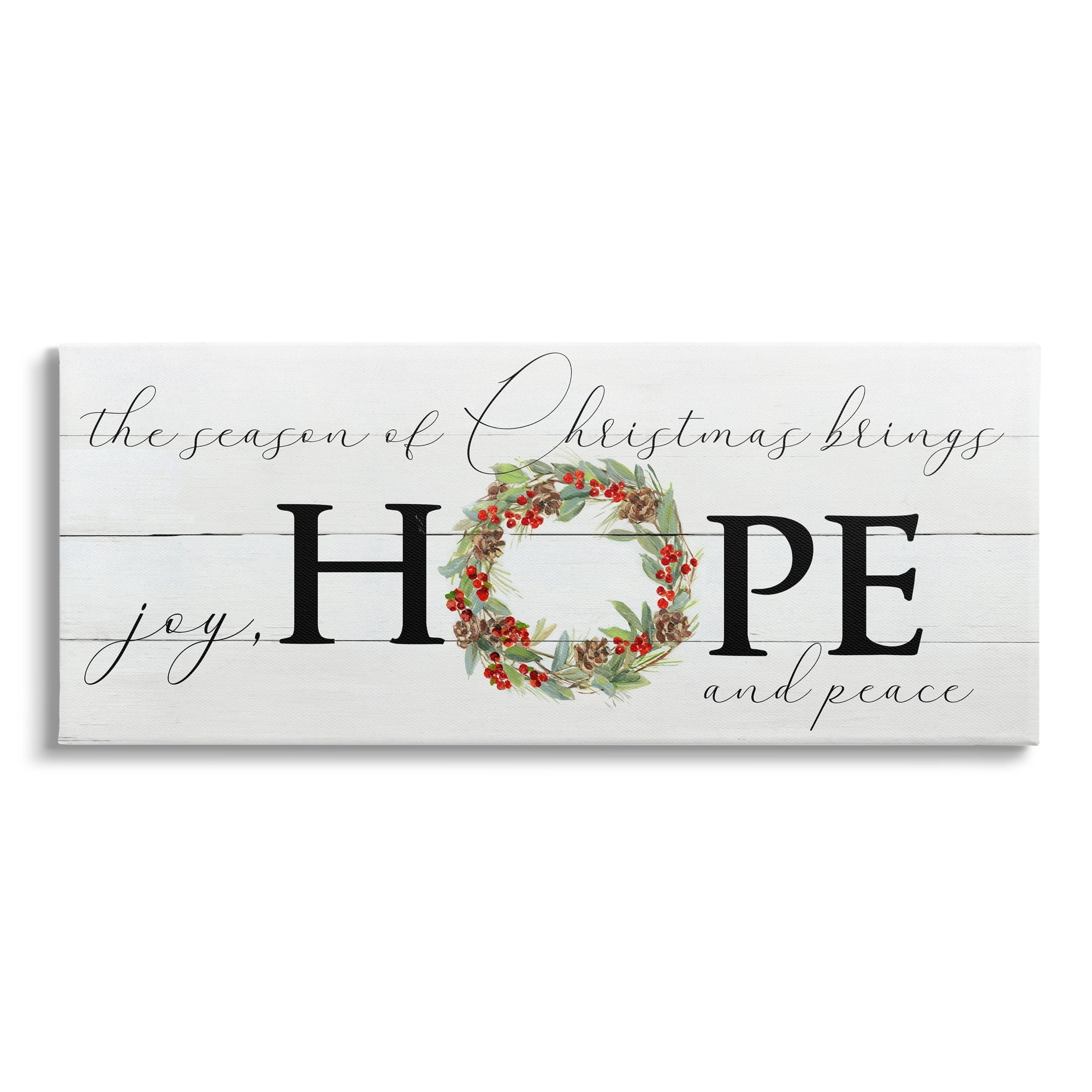 Stupell Industries Joy Hope & Peace Christmas Wreath Holiday Painting Gallery Wrapped Canvas Print Wall Art