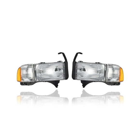 Headlight Assembly - Compatible/Replacement for '94-02 Dodge Pickup - With Parking Signal Corner Lamp & Brackets - Pair, Left Driver + Right Passenger Set - 55076748AD, 55076749AD CAPA