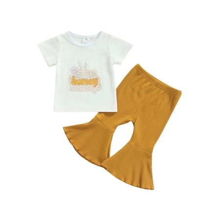 

Bagilaanoe 2Pcs Toddler Baby Girls Easter Outfits Rabbit Letters Print Long Sleeve T Shirt Tops + Flared Trousers 9M 12M 18M 24M 3T 4T Kids Casual Long Pants Set