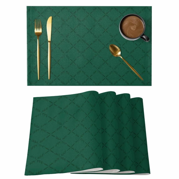 Placemats Set of 4, Dark Green Plaid Woven Placemat, Linen Place Mats for Kitchen/Dining Tables, Country Vintage Abstract Striped Lattice Washable Table Mats for Party