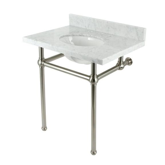 Kingston Brass KVBH3022M88 Templeton 30-Inch Carrara Marble Console Sink with Brass Legs (8-Inch, 3-Hole) in Carrara Marble White/Brushed Nickel