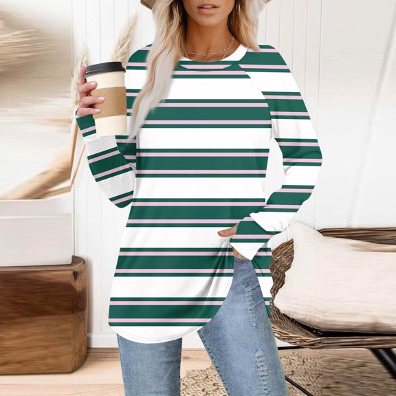 jobturf Womens Tunic Tops Crew Neck Striped Long Sleeve Shirts Soft Comfy Casual Loose Basic Tees Fall Spring Fashion Blouses with Thumb Hole