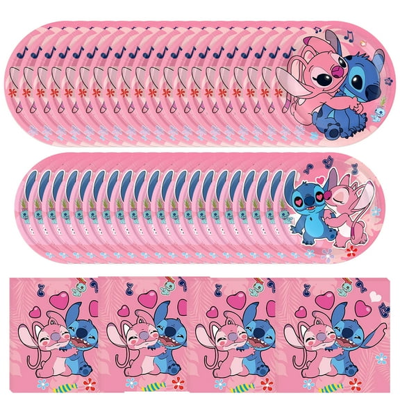 60 PCS Stitch Birthday Decorations Tableware Set, Pink Stitch Plates and Napkins Party Supplies Includes 40 PCS Paper Plates, 20 PCS Napkins