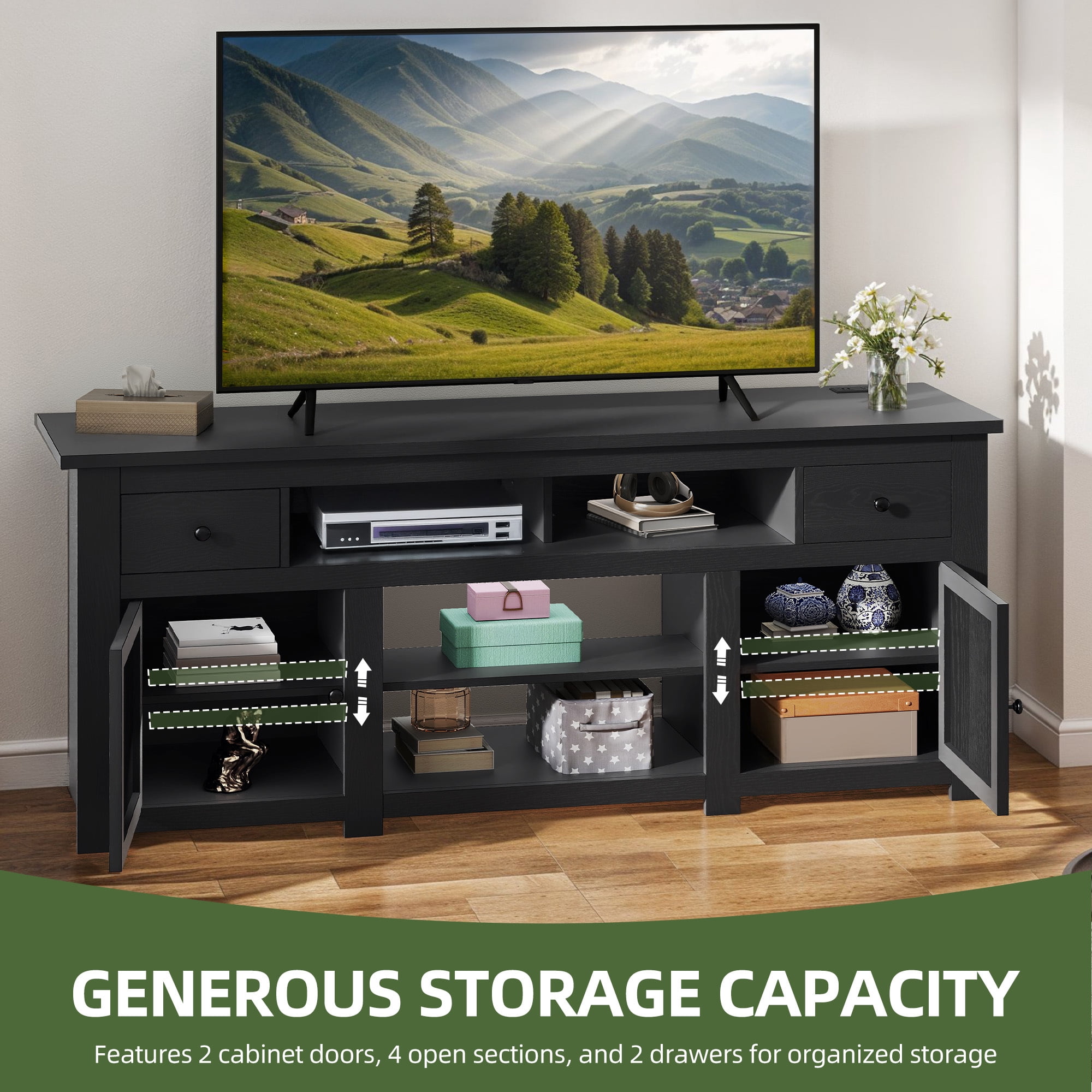 Uforic 70 Inch Modern Farmhouse TV Stand for 75/80 Inch TV with Built-in Power Outlets, 2 Cabinets & Open Compartments for Living Room, Black