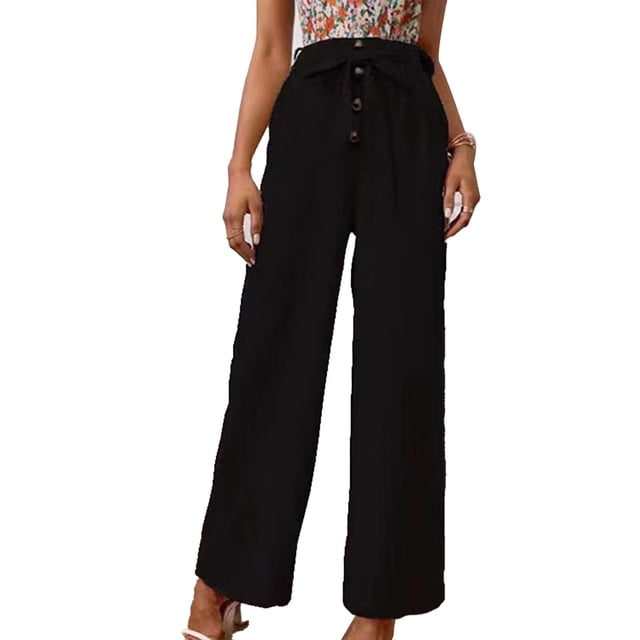 Pantalones de piernas anchas para mujer, pantalones de color sólido con botones en la parte delantera, informales, holgados, para vacaciones, citas, trabajo, vida diaria, negro M