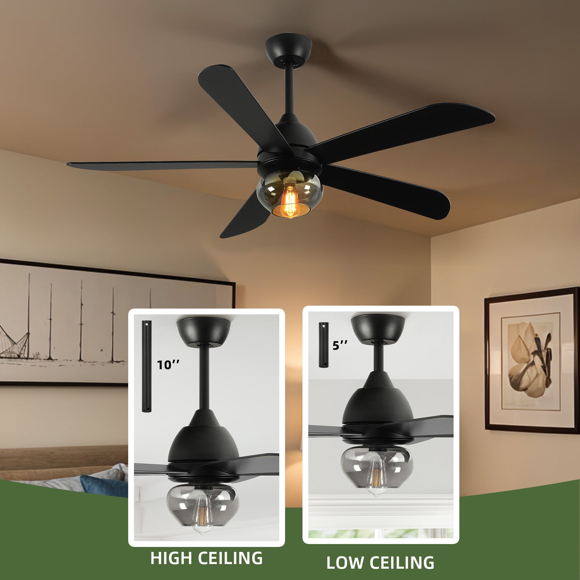 Uforic 52 inch Indoor Black Ceiling Fan with Light and Remote Control,Quiet 6-Speed Reversible DC Motor, 5 Blades for Living Room, Bedroom