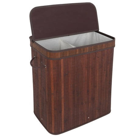 Dark Wood Hamper Home Divided Bamboo Laundry Basket, Double Hamper with Lid Handles and Removable Liner Two-Section Dirty Clothes Storage Sorter Rectangular w/String Handle ()