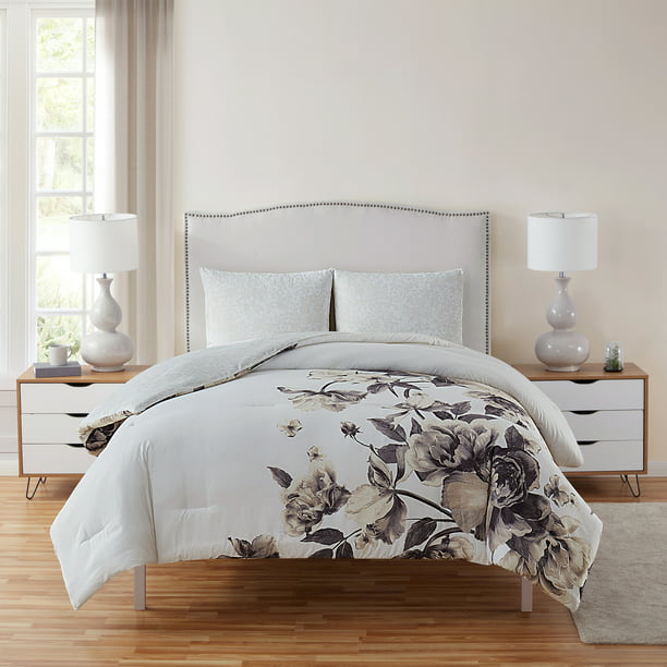 Grey and White Floral Microfiber Comforter Set, VCNY Home Rosie,  Full/Queen, 3 Pieces