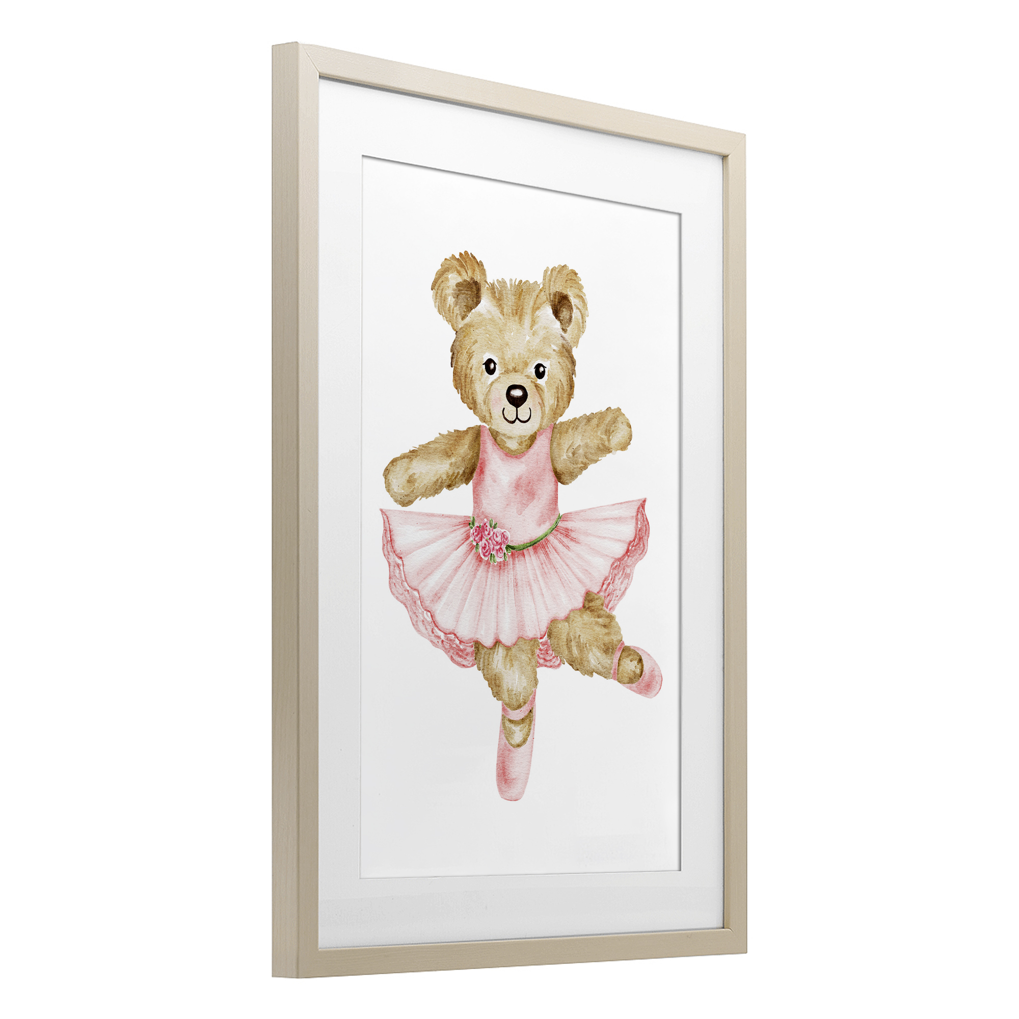 Ballerina Teddy Bear Birch Framed Print Under Glass, design by Amy Hall