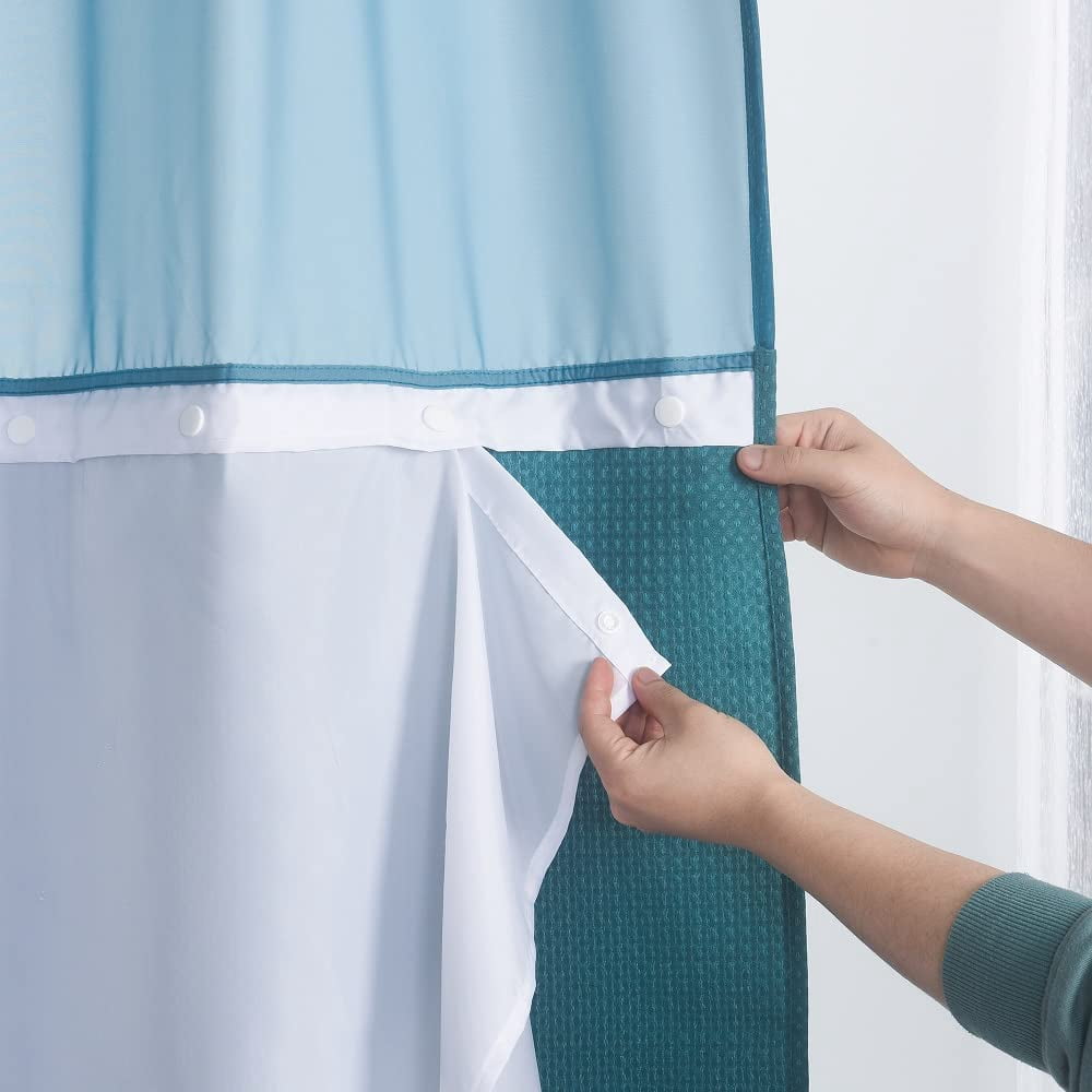 WPM No Hooks Required Teal Shower Curtain with Snap-in Liner Waffle Weave Design, Hotel Style Waterproof & Washable, Mesh top Window Easy Snaphook Teal Bathroom 54 inch wide x 80 inch long