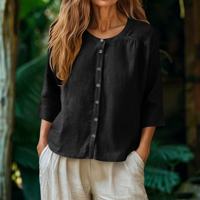 TaTaai 2026 Spring Women’s Button Front Round Neck Tee 3/4 Sleeve Loose Blouse Casual Solid Color Fashion Top Linen Texture Soft Daily Shirt Gift