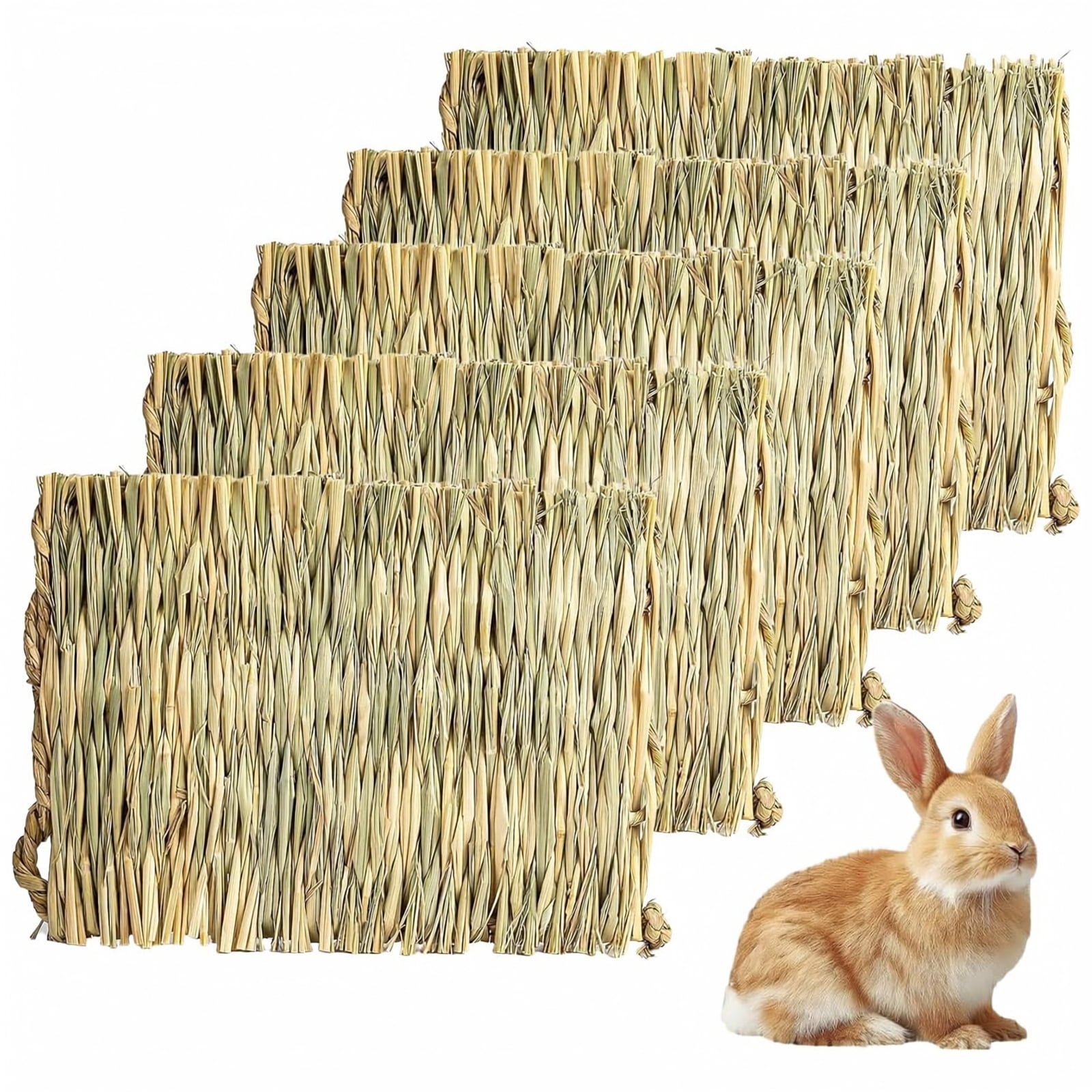 Woven Grass Mat with Handcrafted Design, 5-Pack 10.6 X 8.3 Inch, Beige, for Small Animals, Chew Toy and Bedding