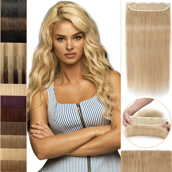 MY-LADY 10''-24'' 5 Clips in Human Hair Extensions Thick Real Natural Hair Pieces 100% Full Head Remy Hair 18inch #24 Natural Blonde(Heavy)