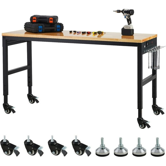 Pinypikaka 75" x 25" Adjustable Workbench, 2000 Lbs Load Capacity, 29.5"-38.4" Heights Garage Worktable with Wheels & Power Outlet, Heavy-Duty Table for Workshop Office Home Commercial