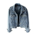 thumbnail image 3 of Women'S Jean Jacket Embroidered Rivet Pearl Short Denim Jacket Coat Blue S, 3 of 7