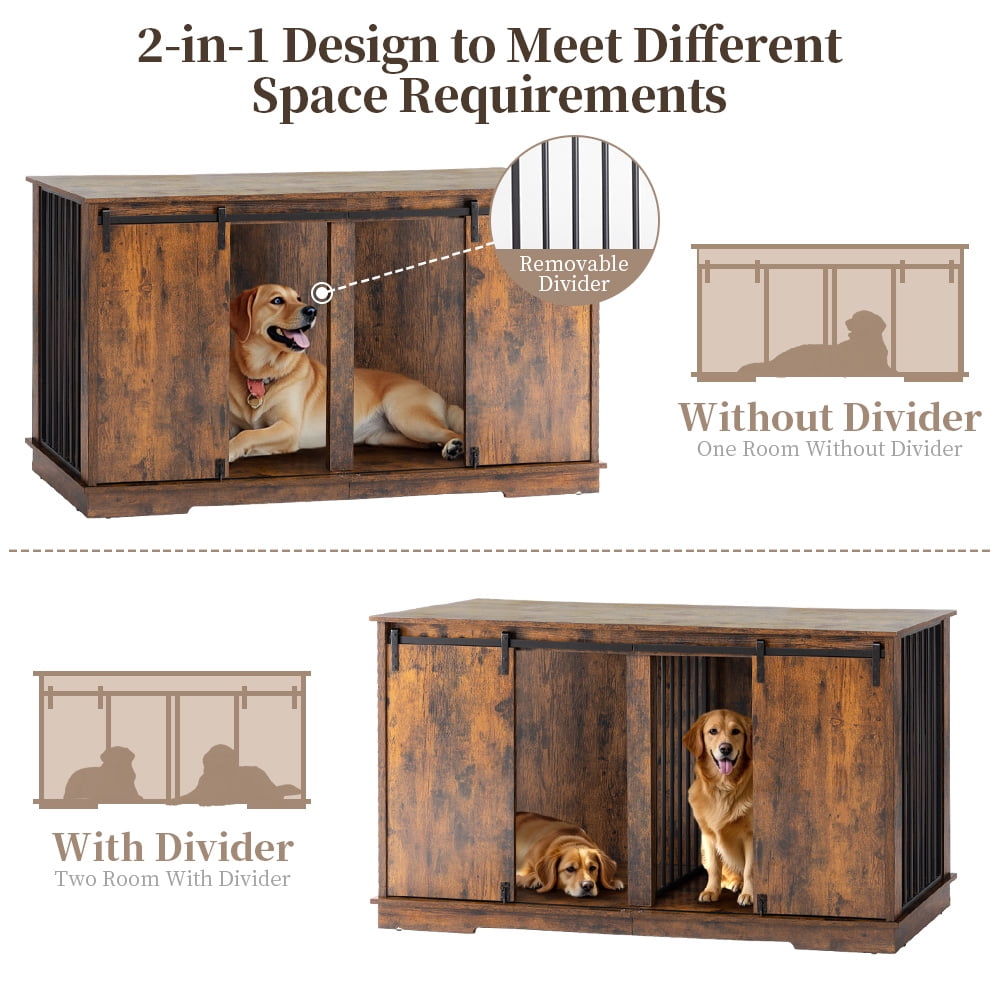 Double Dog Crate Furniture for 2 Dogs, DOMIPET Heavy-Duty Dog Kennel TV Stand with Divider and Sliding Doors, Large Dog Cage for Pet Cat Animals