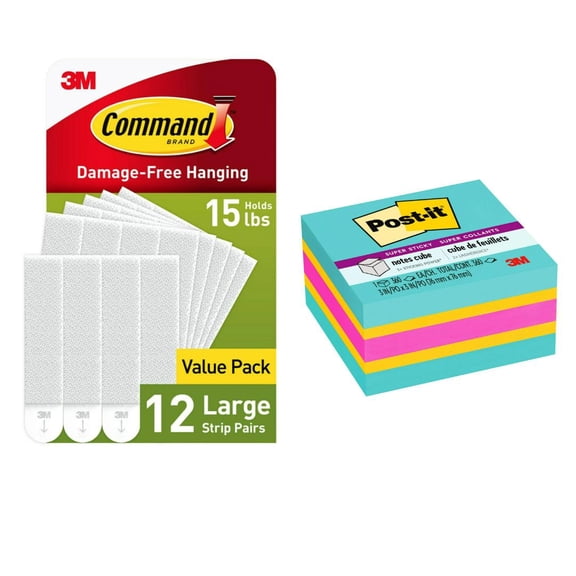 Command and Post-it School Bundle – 12 Pairs Large Picture Hangers with 3 in x 3 in Post-it Super Sticky Notes