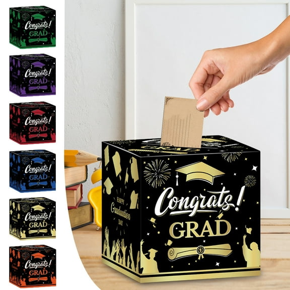 Graduation Card Box, Class of 2025 Congrats Grad Decorative Paper Cassette, Gold/Red/Orange/Blue/Green 9x9x9 Inch, Sturdy Cardboard Gift Holder for High School College Parties, Graduation Decorations