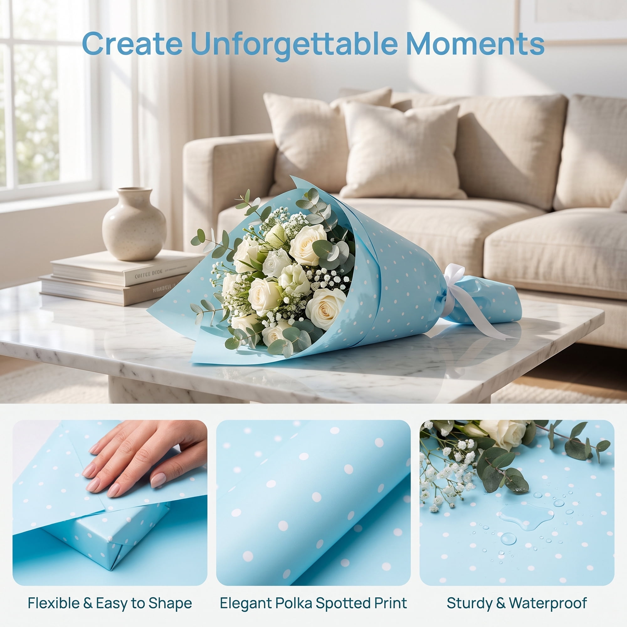 Unique Bargains Waterproof Luxury Matte Gift Wrapping Paper for Bouquets Sky Blue 22"x 22"